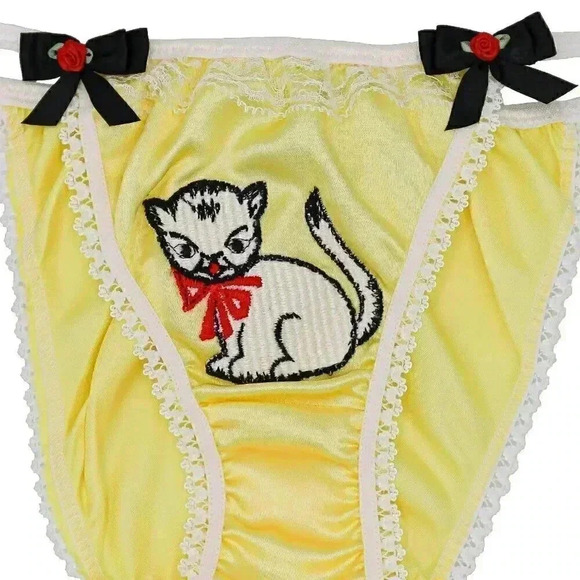 Reworked Yellow Red Kitty Gingham Bow Satin Briefs Size Small honeymoon lingerie - Picture 3 of 3